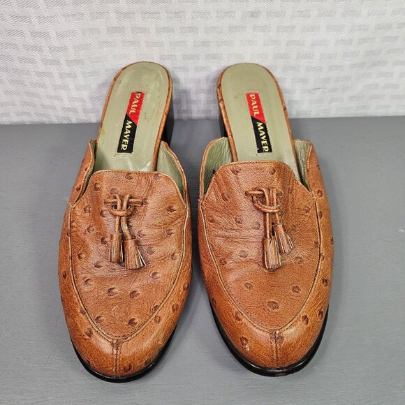 Vintage Paul Mayer Tan Ostrich Leather Low Heel Tassel Mules Size 7 - Picture 2 of 12